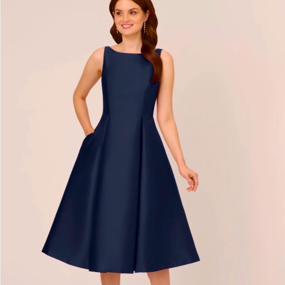 Adrianna Papell Navy Midi Dress with Flared Skirt